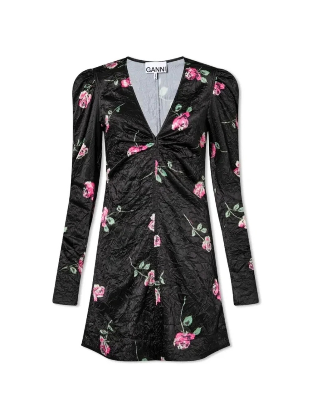 $375 GANNI Crinkled Satin Printed V-neck Mini Dress | Floral Print